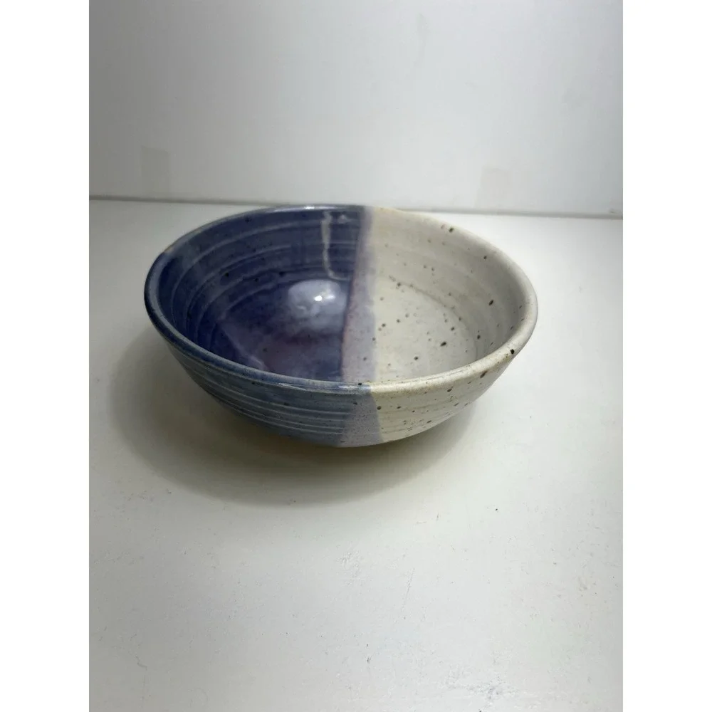 Artisan Studio Pottery Stoneware Ceramic Bowl 6.5 Blue White Dipped Glaze